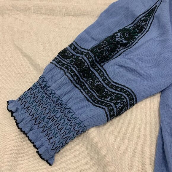 Free People Sz L Wind Willow oversized embroidered shirred mini dress boho blue - Picture 7 of 11